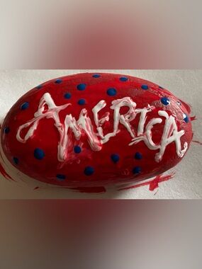 Hand-Painted Red Decorative Rock with Blue Dots